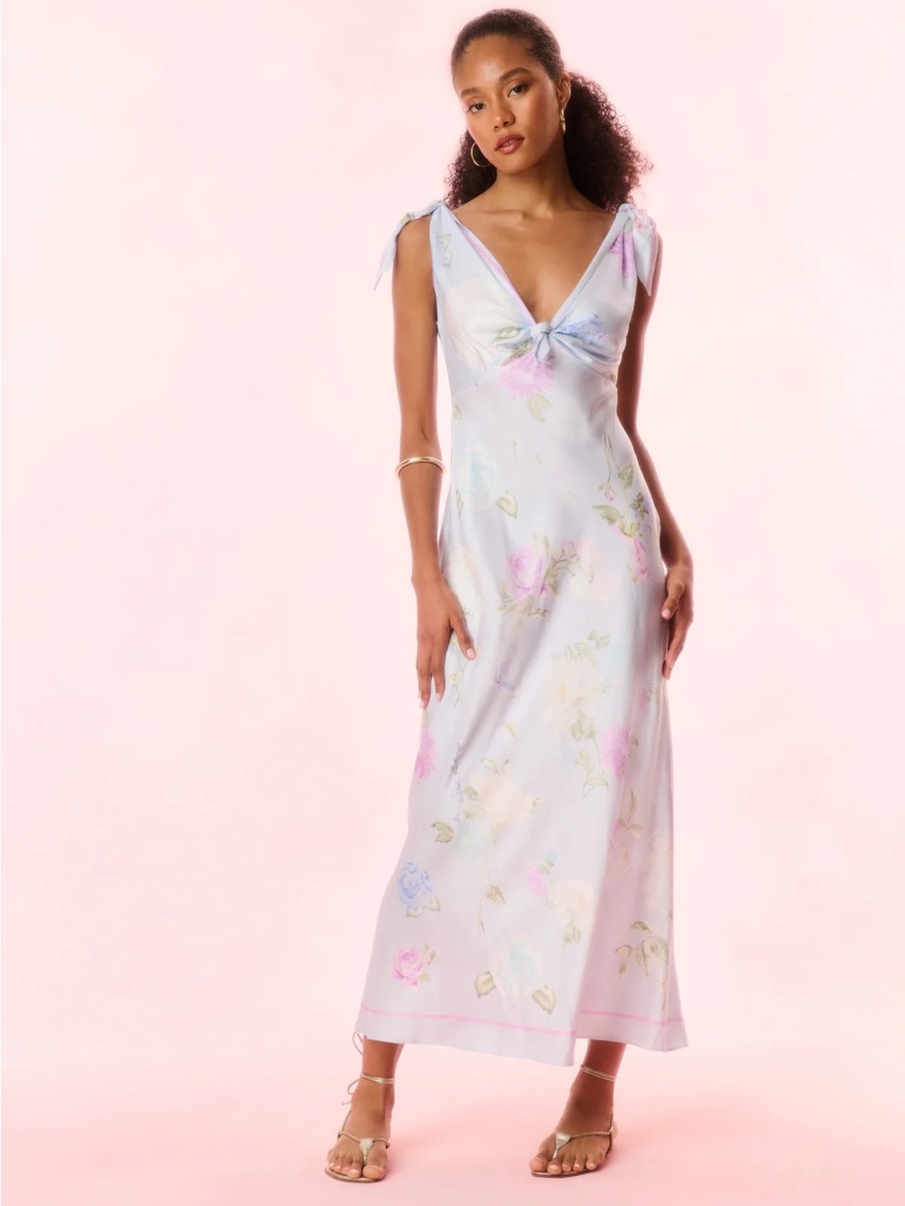 LoveShackFancy Perri Floral Scarf Tie-Shoulder Maxi Dress - Light Blue - Picture 2 of 6